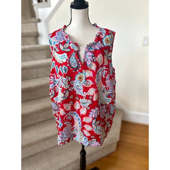 Talbots Red Paisley Multicolor Ruffle Trim Sleeveless Cotton Tank Top - Picture 1 of 6